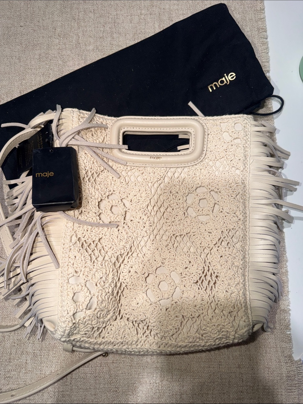 Maje Cream Crochet Fringe Tote Bag